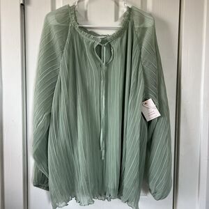 Lauren Conrad 3X Plus Size Blouse Green Pleated Sheer Long Sleeve Top